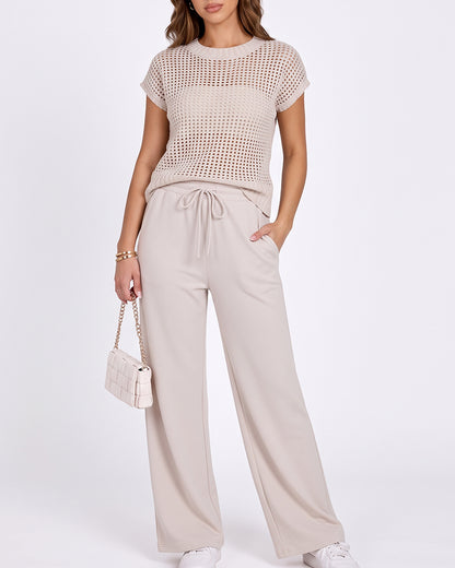 Curvvvy™ Open-Knit Lounge Set | Wide Leg Pants & Short Sleeve Top