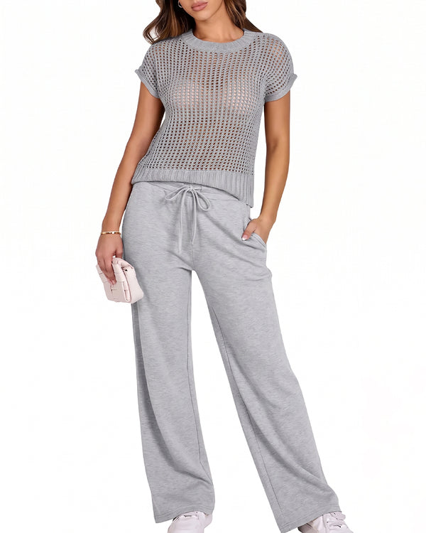 Curvvvy™ Open-Knit Lounge Set | Wide Leg Pants & Short Sleeve Top