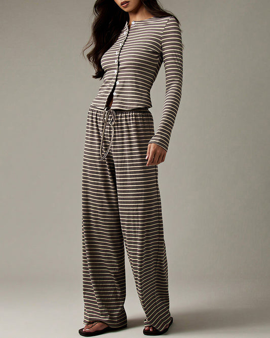 Curvvvy™ Button-Down Striped Knit Lounge Set