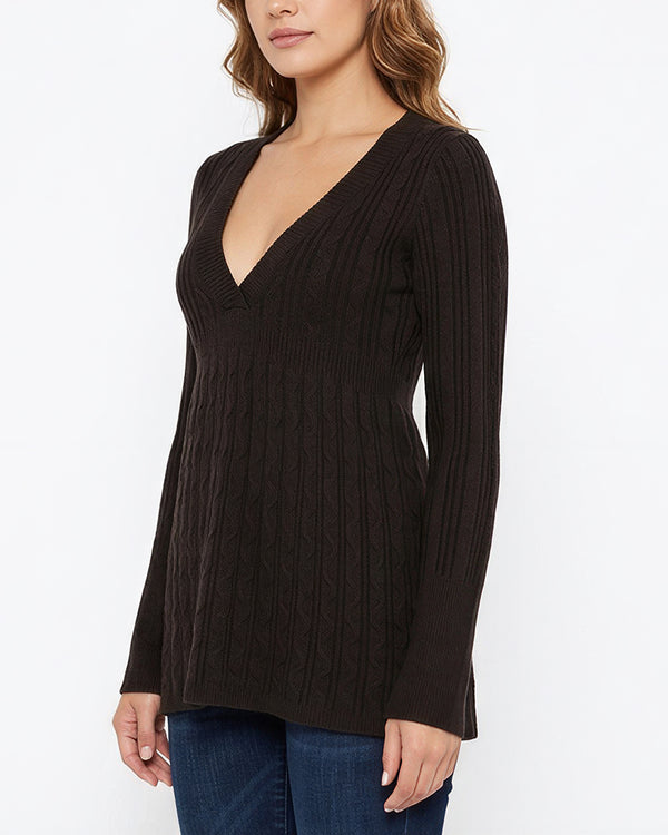 Curvvvy™ Vintage Cable Knit Deep-V Babydoll Sweater