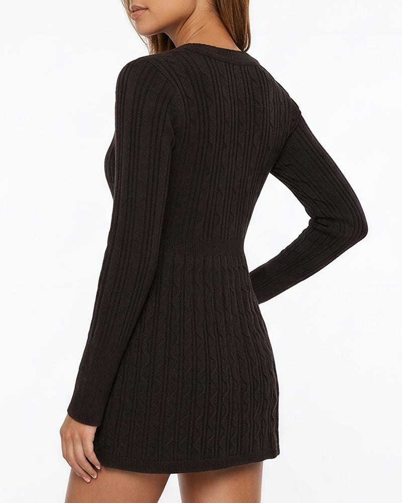 Curvvvy™ Vintage Cable Knit Deep-V Babydoll Sweater