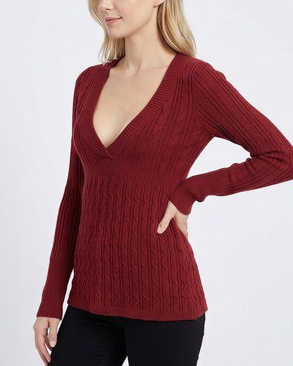 Curvvvy™ Vintage Cable Knit Deep-V Babydoll Sweater