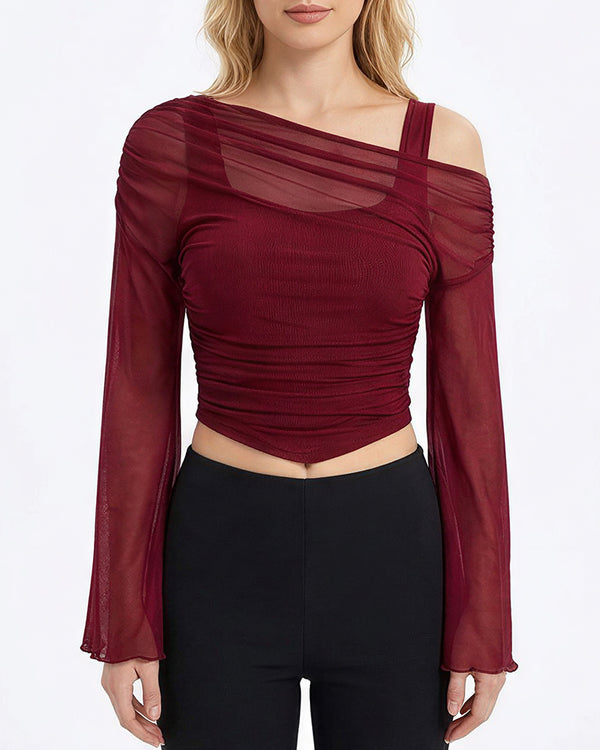 Curvvvy™ Asymmetrical Ruched Mesh Bell Sleeve Crop Top
