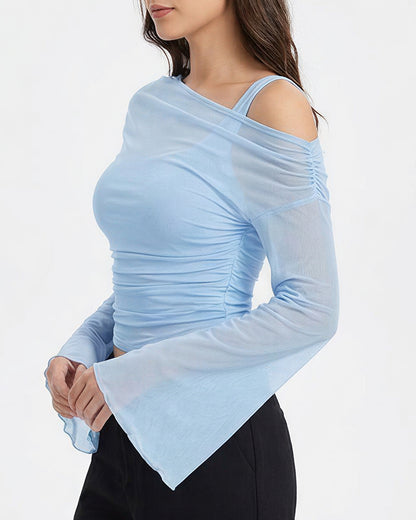 Curvvvy™ Asymmetrical Ruched Mesh Bell Sleeve Crop Top