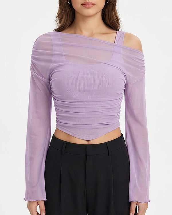 Curvvvy™ Asymmetrical Ruched Mesh Bell Sleeve Crop Top