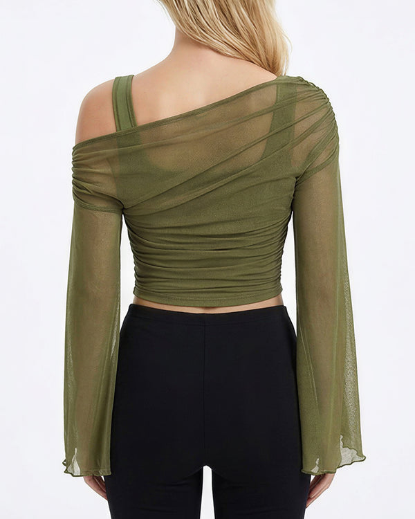 Curvvvy™ Asymmetrical Ruched Mesh Bell Sleeve Crop Top