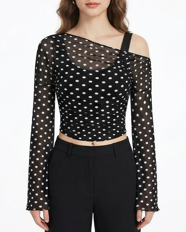 Curvvvy™ Asymmetrical Ruched Mesh Bell Sleeve Crop Top