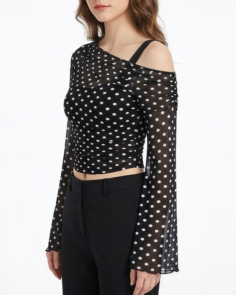 Curvvvy™ Asymmetrical Ruched Mesh Bell Sleeve Crop Top