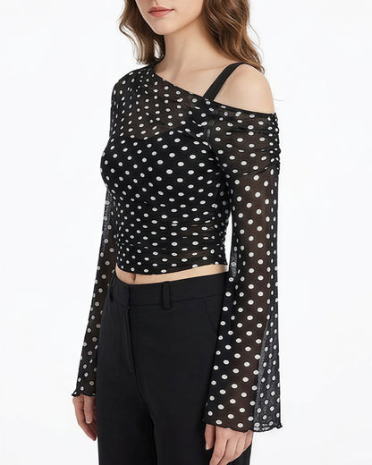 Curvvvy™ Asymmetrical Ruched Mesh Bell Sleeve Crop Top