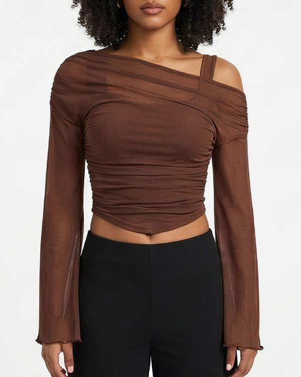 Curvvvy™ Asymmetrical Ruched Mesh Bell Sleeve Crop Top
