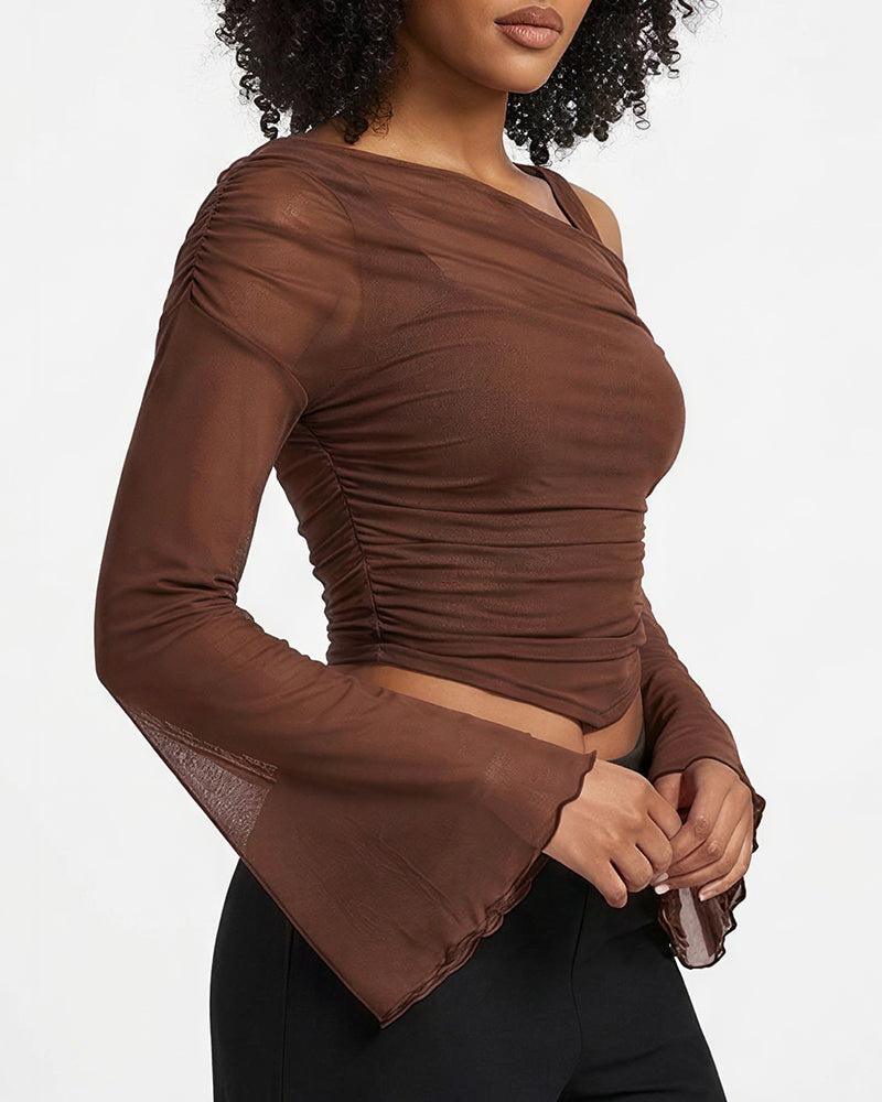 Curvvvy™ Asymmetrical Ruched Mesh Bell Sleeve Crop Top