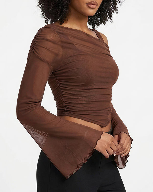 Curvvvy™ Asymmetrical Ruched Mesh Bell Sleeve Crop Top
