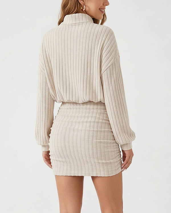 Curvvvy™ Mock Neck Ribbed Knit Ruched Bodycon Mini Dress