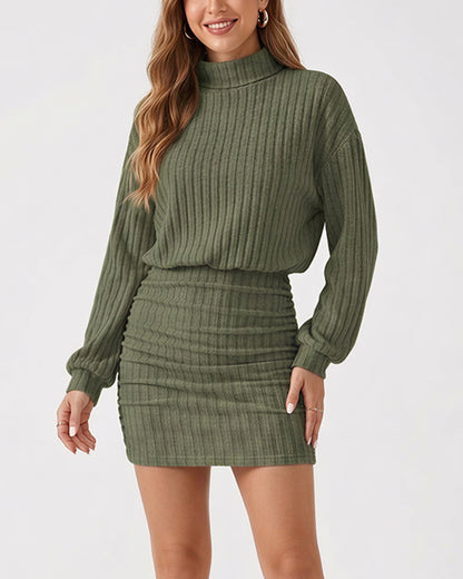Curvvvy™ Mock Neck Ribbed Knit Ruched Bodycon Mini Dress