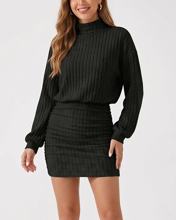 Curvvvy™ Mock Neck Ribbed Knit Ruched Bodycon Mini Dress