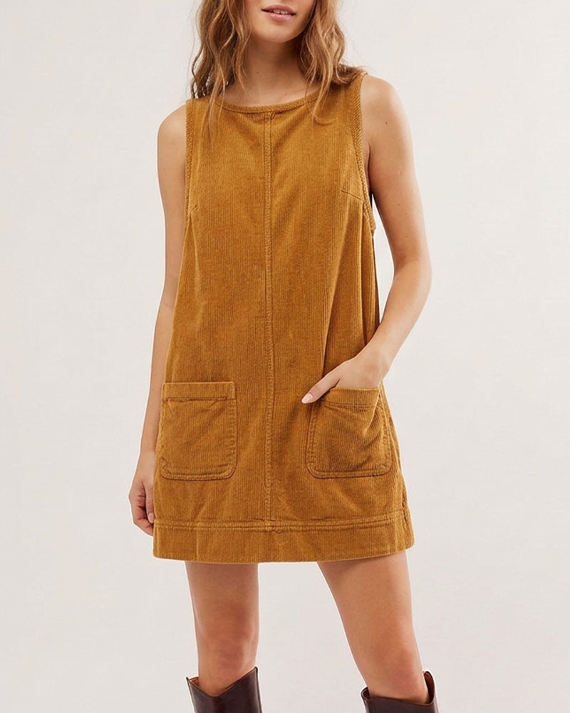 Curvvvy™ Corduroy Sleeveless Pinafore Dress With Pockets