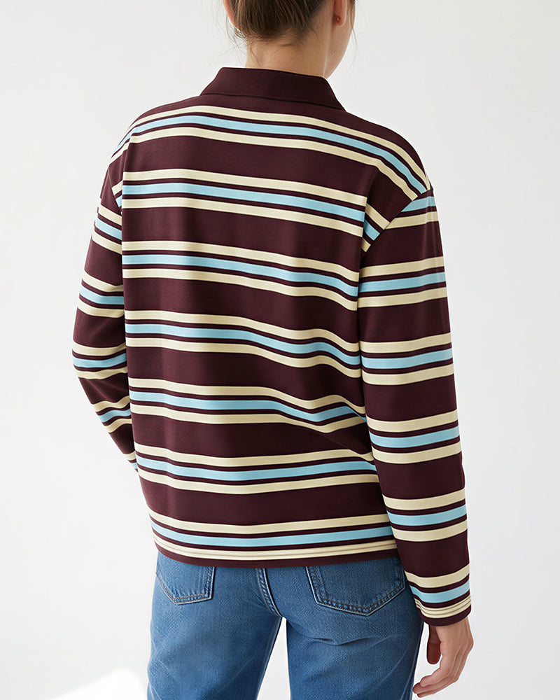 Curvvvy™ Retro Striped Long Sleeve Polo Shirt