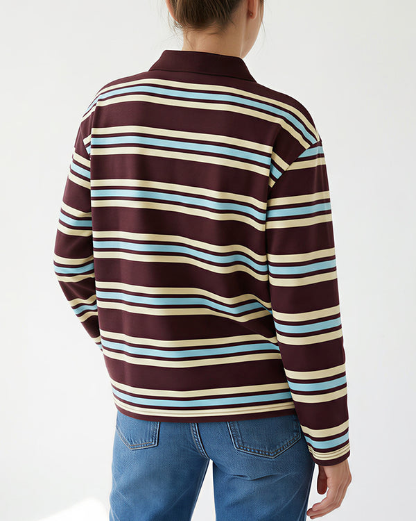 Curvvvy™ Retro Striped Long Sleeve Polo Shirt