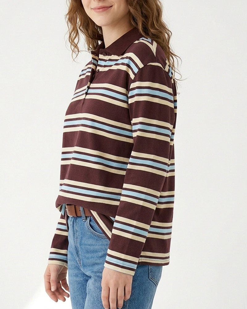 Curvvvy™ Retro Striped Long Sleeve Polo Shirt