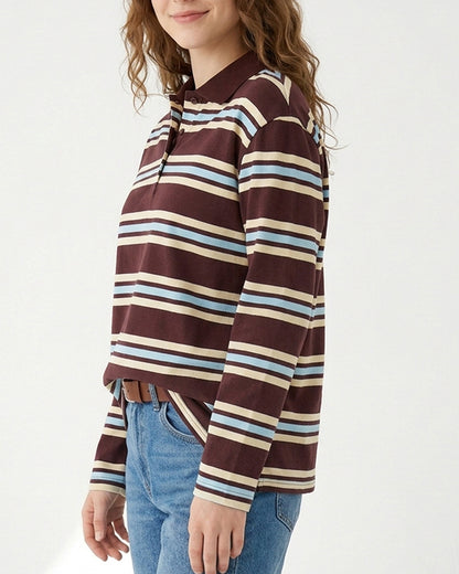 Curvvvy™ Retro Striped Long Sleeve Polo Shirt