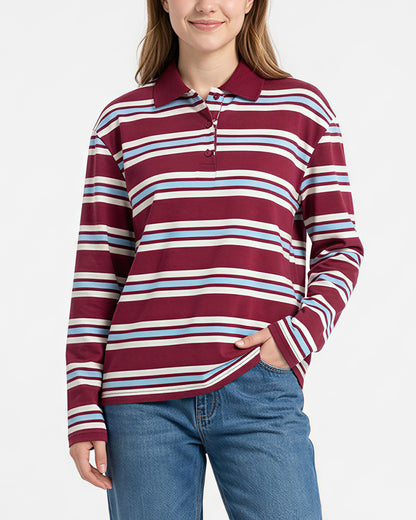 Curvvvy™ Retro Striped Long Sleeve Polo Shirt