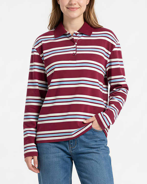 Curvvvy™ Retro Striped Long Sleeve Polo Shirt
