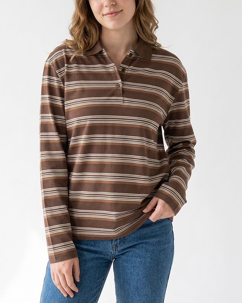 Curvvvy™ Retro Striped Long Sleeve Polo Shirt