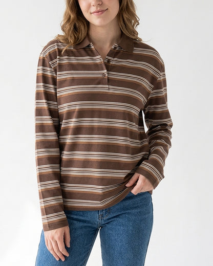Curvvvy™ Retro Striped Long Sleeve Polo Shirt