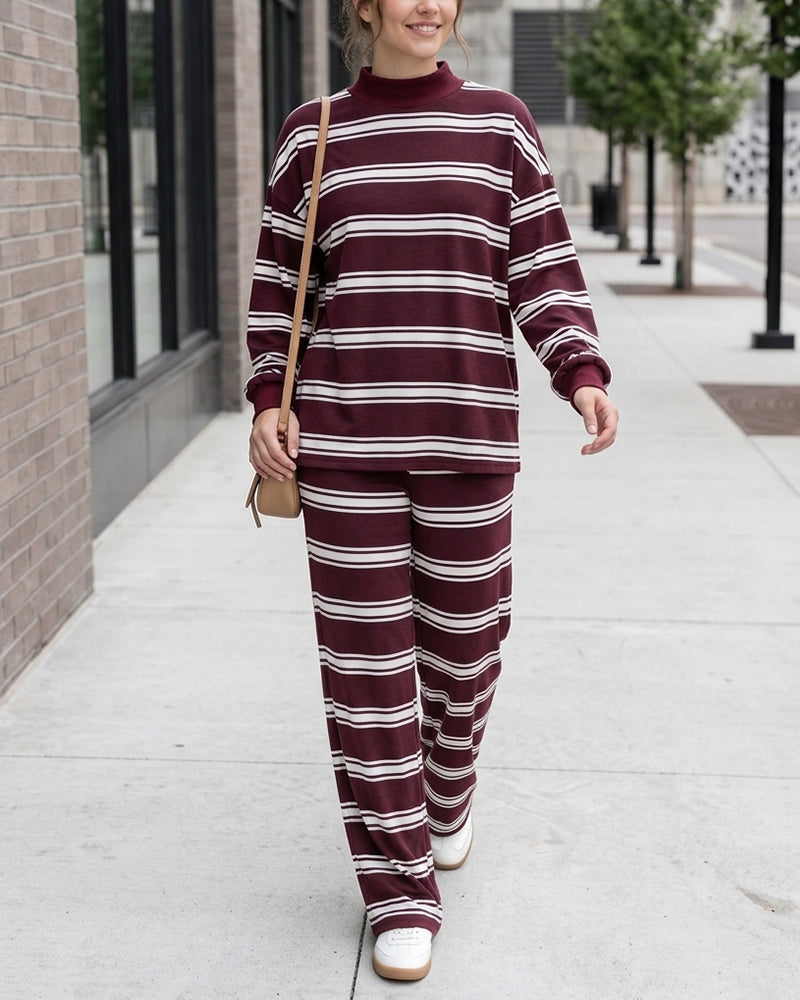 Curvvvy™ Mock Neck Pullover Striped 2-Piece Lounge Set