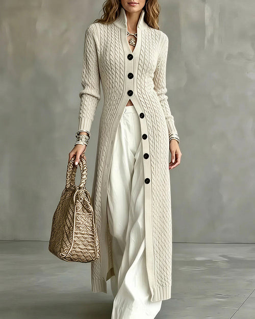 Curvvvy™ Cable Knit Stand Collar Long Cardigan Coat