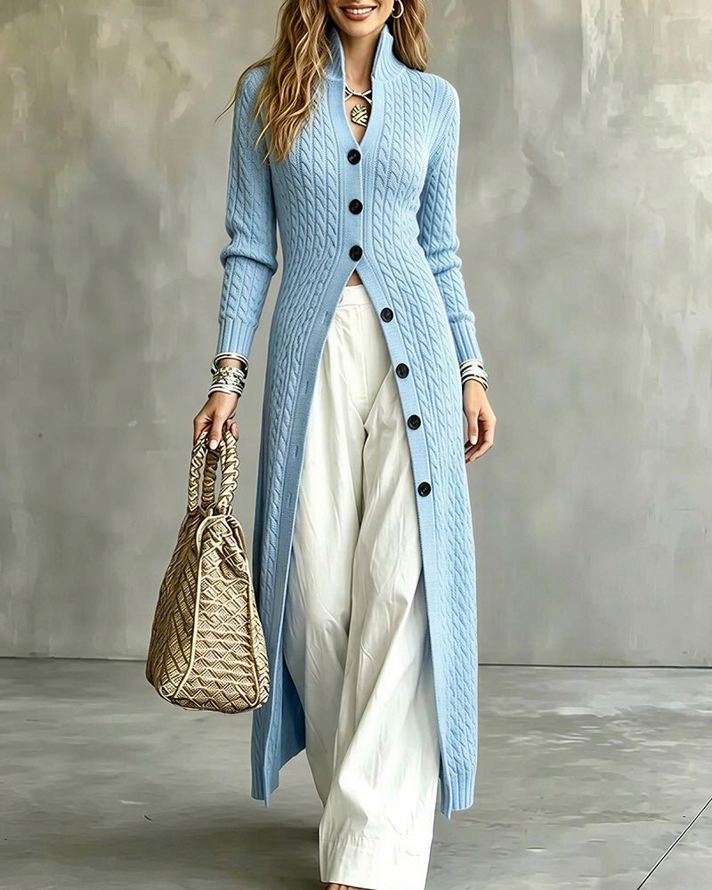 Curvvvy™ Cable Knit Stand Collar Long Cardigan Coat