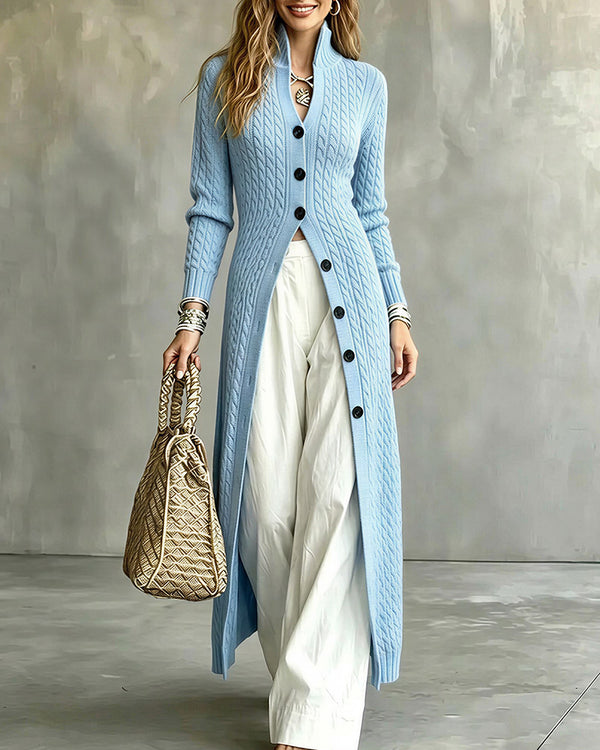 Curvvvy™ Cable Knit Stand Collar Long Cardigan Coat