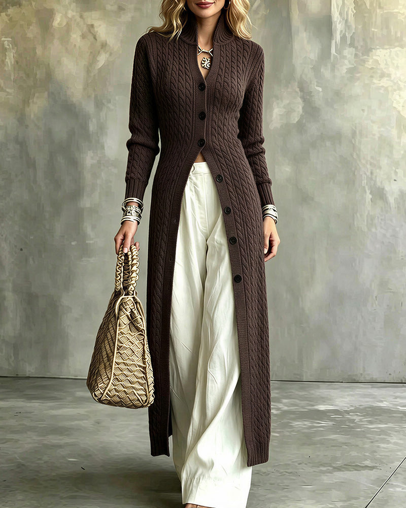Curvvvy™ Cable Knit Stand Collar Long Cardigan Coat