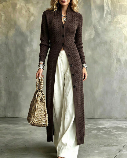 Curvvvy™ Cable Knit Stand Collar Long Cardigan Coat