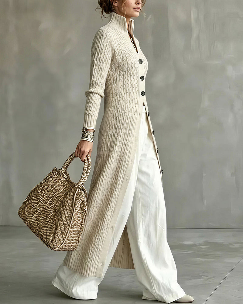 Curvvvy™ Cable Knit Stand Collar Long Cardigan Coat