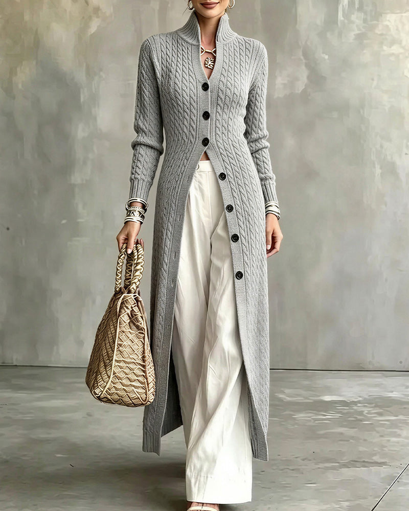 Curvvvy™ Cable Knit Stand Collar Long Cardigan Coat