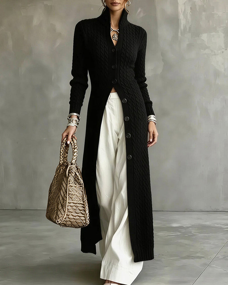 Curvvvy™ Cable Knit Stand Collar Long Cardigan Coat