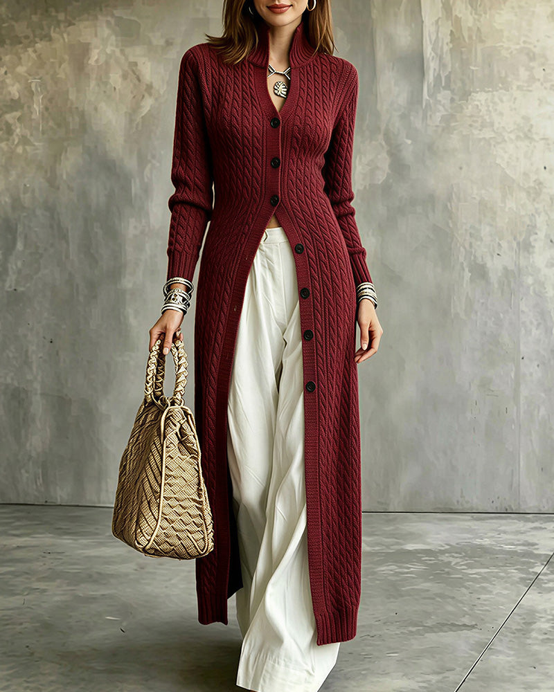 Curvvvy™ Cable Knit Stand Collar Long Cardigan Coat