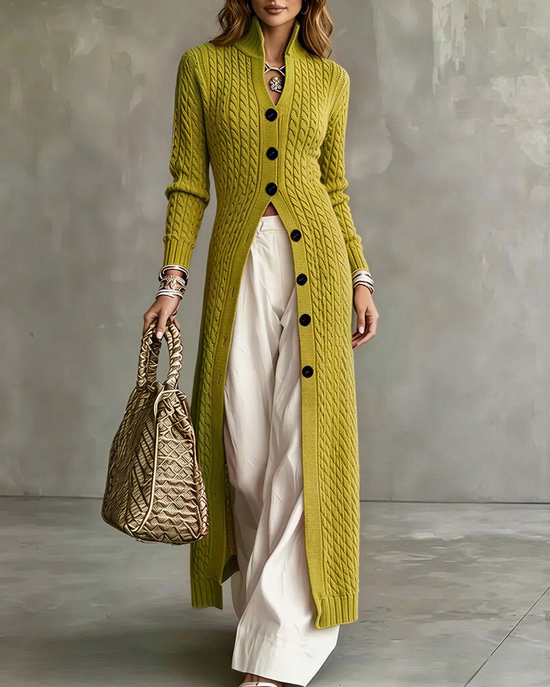 Curvvvy™ Cable Knit Stand Collar Long Cardigan Coat