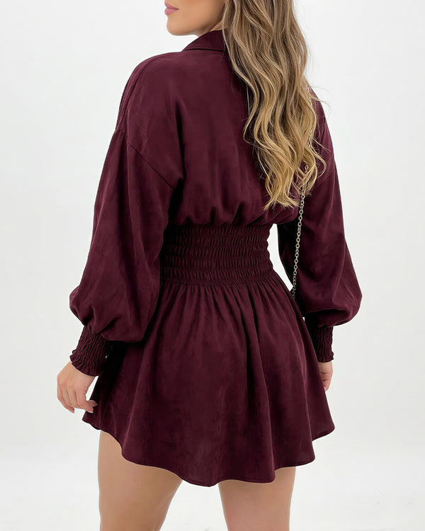 Curvvvy™ Cinched Waist Long Sleeve Button-Down Shirt Dress
