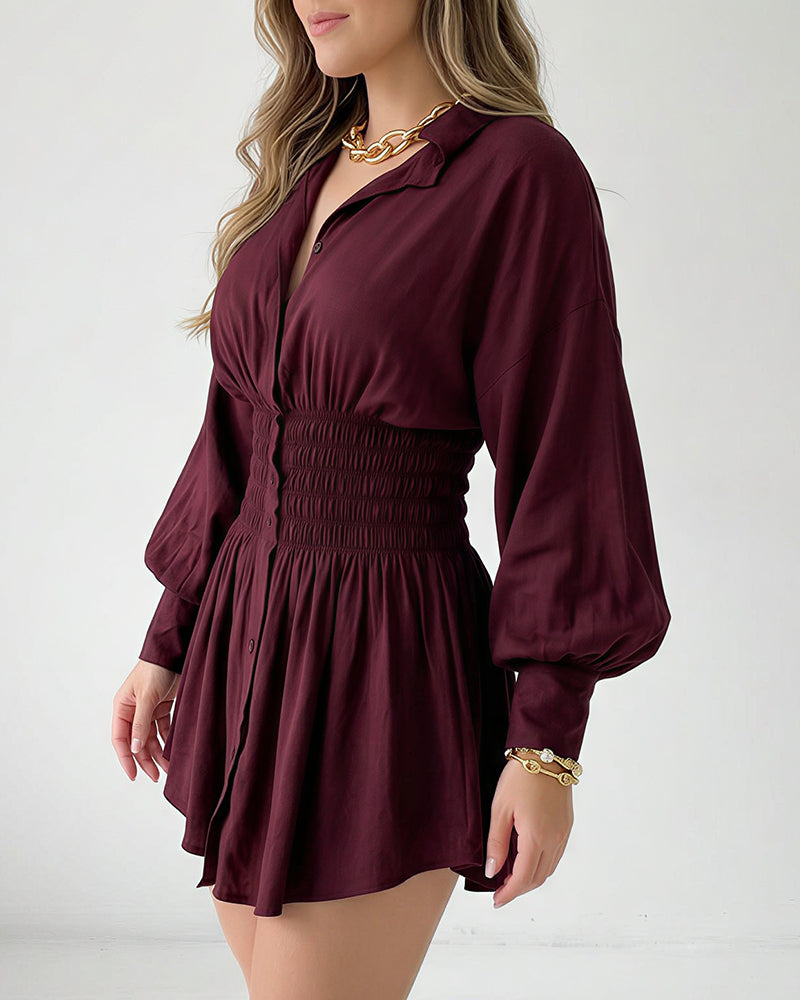 Curvvvy™ Cinched Waist Long Sleeve Button-Down Shirt Dress