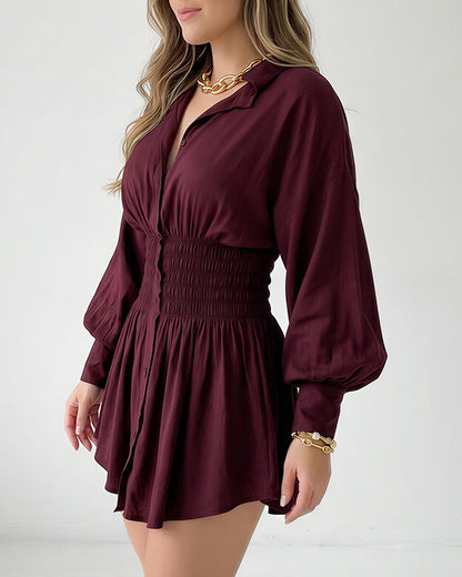 Curvvvy™ Cinched Waist Long Sleeve Button-Down Shirt Dress