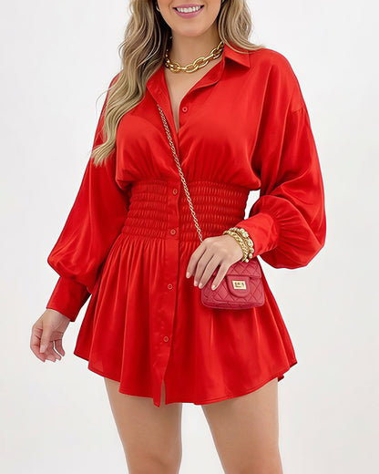 Curvvvy™ Cinched Waist Long Sleeve Button-Down Shirt Dress