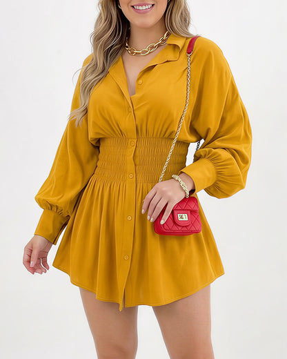 Curvvvy™ Cinched Waist Long Sleeve Button-Down Shirt Dress