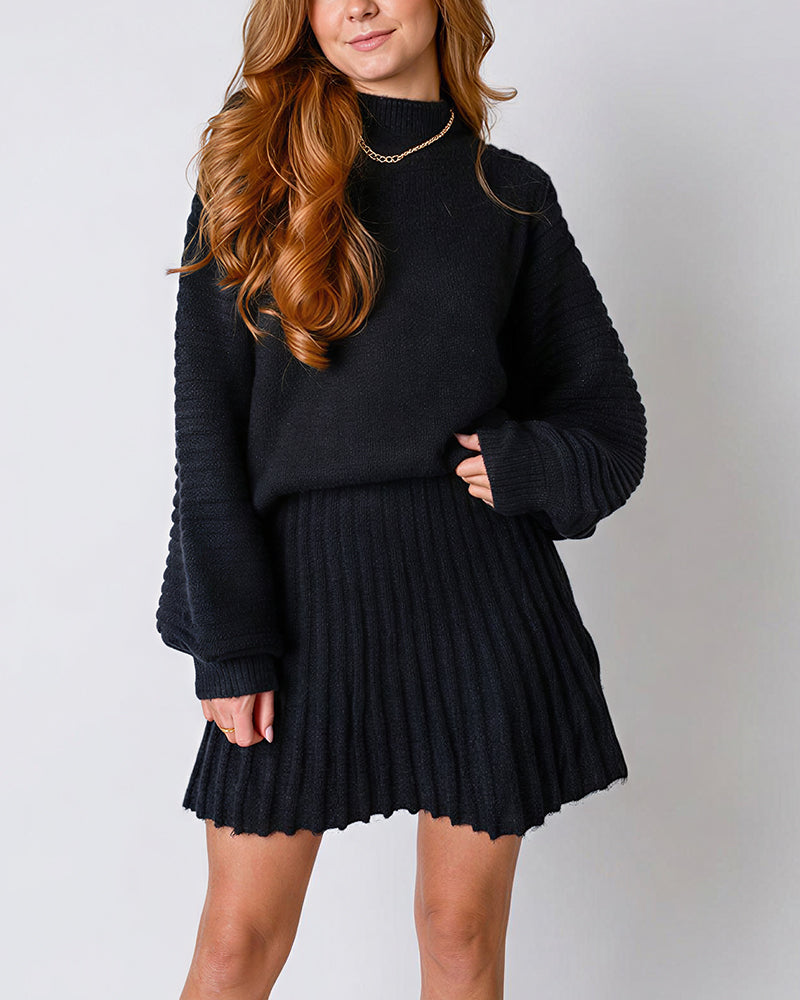 Curvvvy™ Chunky Knit Sweater & Pleated Mini Skirt Two-Piece Set
