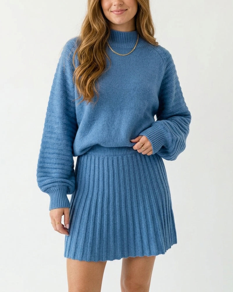 Curvvvy™ Chunky Knit Sweater & Pleated Mini Skirt Two-Piece Set
