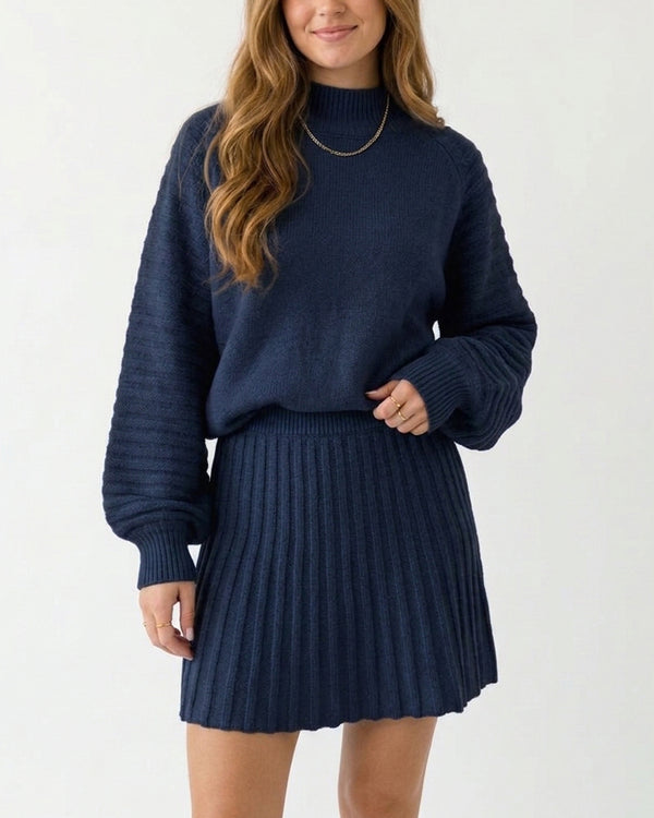 Curvvvy™ Chunky Knit Sweater & Pleated Mini Skirt Two-Piece Set