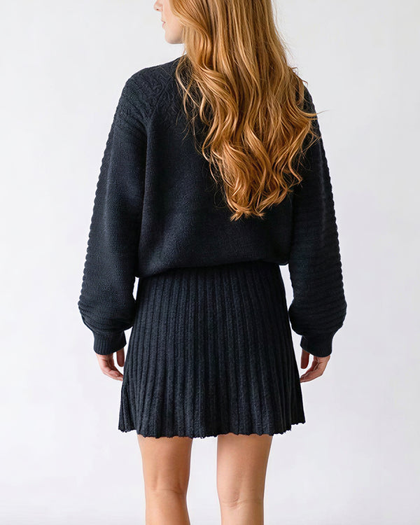 Curvvvy™ Chunky Knit Sweater & Pleated Mini Skirt Two-Piece Set