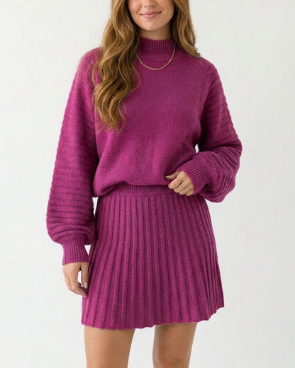 Curvvvy™ Chunky Knit Sweater & Pleated Mini Skirt Two-Piece Set