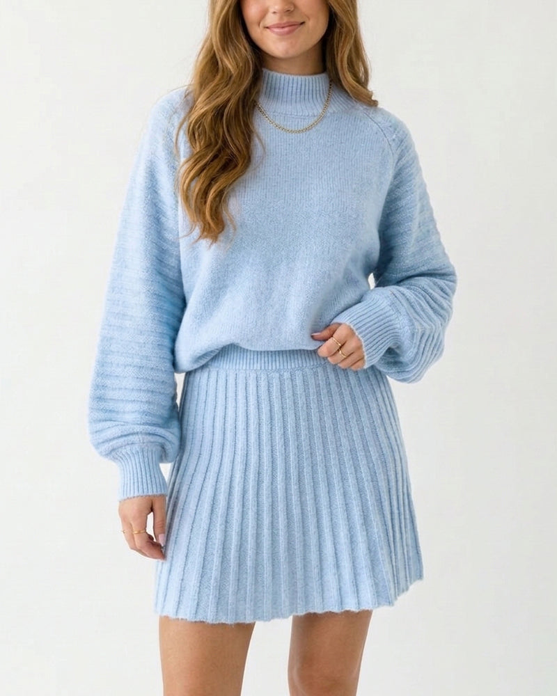 Curvvvy™ Chunky Knit Sweater & Pleated Mini Skirt Two-Piece Set